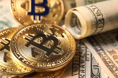 Bitcoins doları banknot, closeup üzerinde