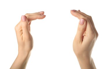 Bir şey beyaz arka plan üzerinde tutan eller