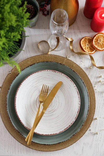 Christmas Table Setting Top View — Stock Photo, Image