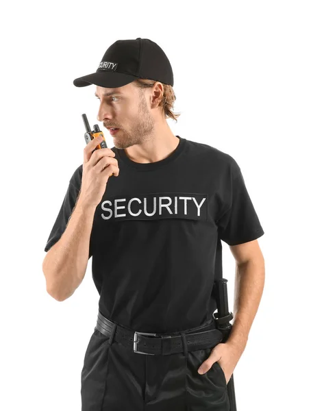 Guardia Seguridad Masculino Con Transmisor Radio Portátil Sobre Fondo Blanco —  Fotos de Stock