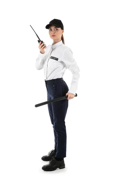 Female Security Guard Portable Radio Transmitter White Background — Stock Photo, Image