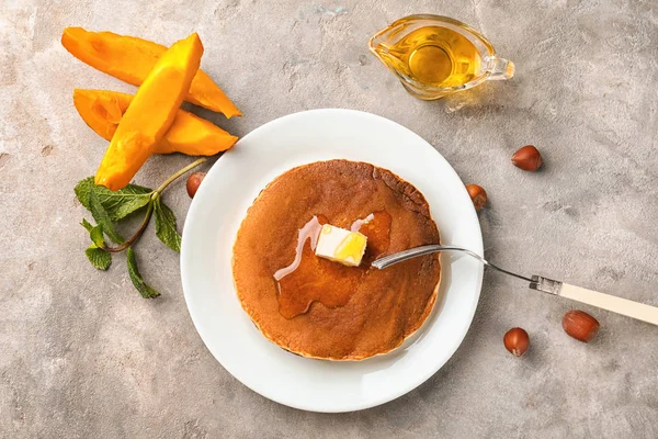 Plate Delicious Pumpkin Pancakes Table Top View — Stock Photo, Image