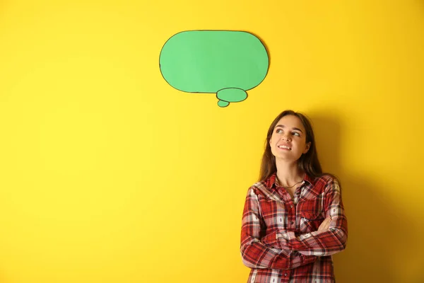 Thoughtful Young Woman Blank Speech Bubble Color Background — Stock Photo, Image
