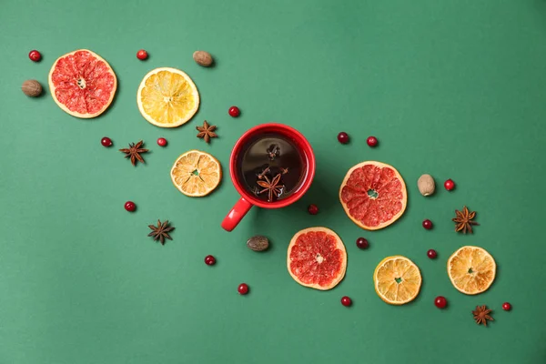 Cup Tasty Mulled Wine Ingredients Color Background — Stock Photo, Image