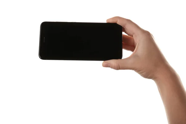 Женская Рука Мобильным Телефоном Белом Фоне — стоковое фото