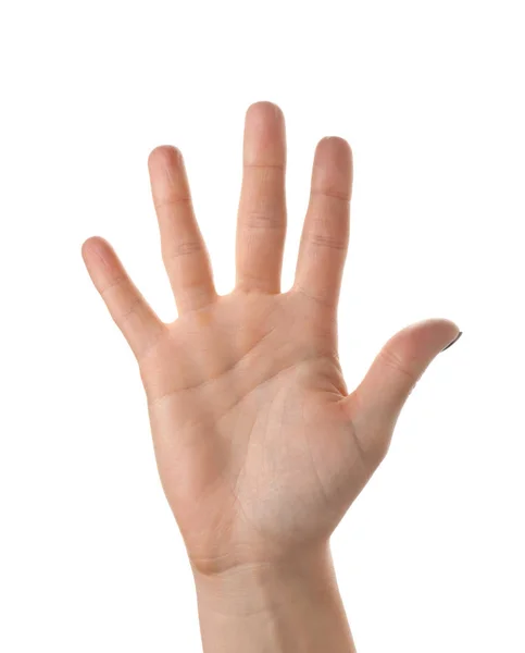 Female Hand Showing Five Fingers White Background — Stock Photo, Image