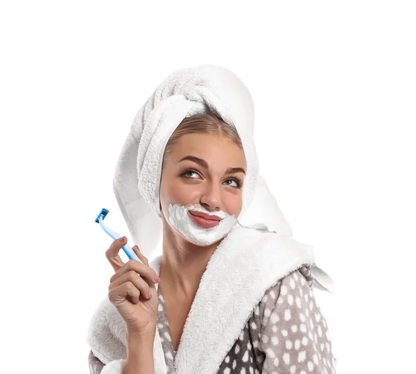 Funny Woman Foam Her Face Razor White Background — Stock Photo, Image