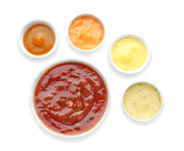 Diferentes Salsas Sabrosas Cuencos Sobre Fondo Blanco — Foto de Stock