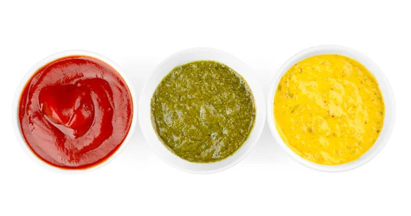 Different Tasty Sauces Bowls White Background — Stock Photo, Image