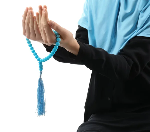 Muszlim Imádkozott Fehér Háttér Gyöngyökkel — Stock Fotó