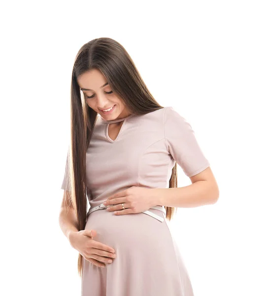 Vacker Gravid Kvinna Vit Bakgrund — Stockfoto