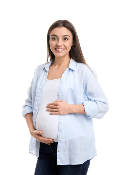 Όμορφη Έγκυος Γυναίκα Λευκό Φόντο — Φωτογραφία Αρχείου
