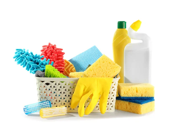 Basket Cleaning Supplies White Background — Stock Photo, Image