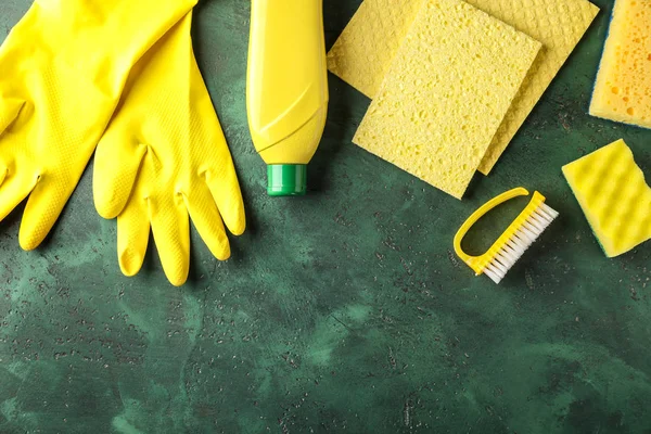 Set Cleaning Supplies Color Background — Stock Photo, Image