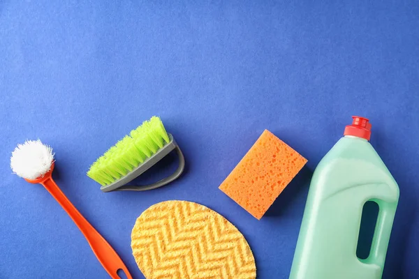 Flat Lay Composition Cleaning Supplies Color Background — Stock Photo, Image