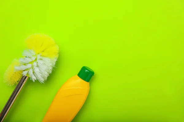 Bottle Detergent Toilet Brush Color Background — Stock Photo, Image