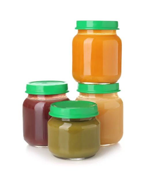 Glass Jars Healthy Baby Food White Background — Stock Photo, Image