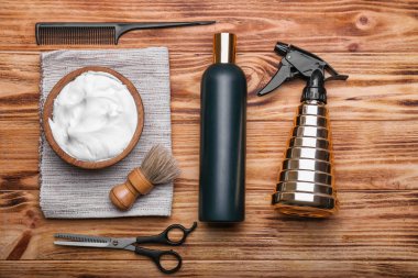 Aksesuar ahşap arka plan, düz tıraş yatıyordu