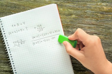 Kadın defter ile matematik denklemi, üstten görünüm hata silme