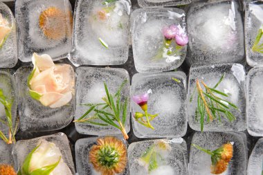 Buz, üstten görünüm donmuş güzel çiçekler