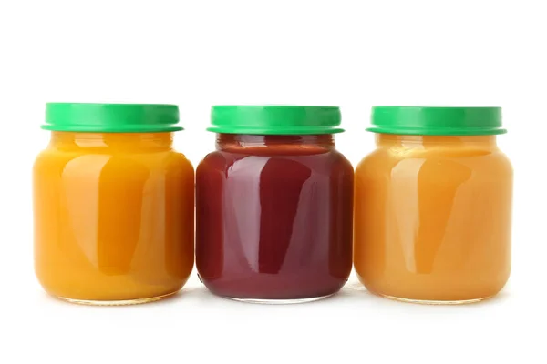 Glass Jars Healthy Baby Food White Background — Stock Photo, Image