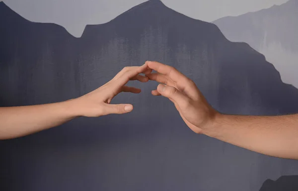 Man Woman Giving Each Other Hands Grey Background Concept Support — Stock Photo, Image