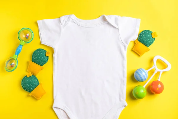 Baby Clothes Toys Color Background Top View — Stock Photo, Image