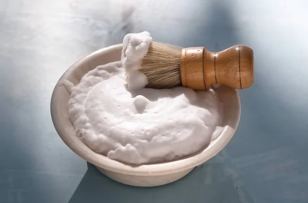 Bowl Shaving Foam Brush Table — Stock Photo, Image