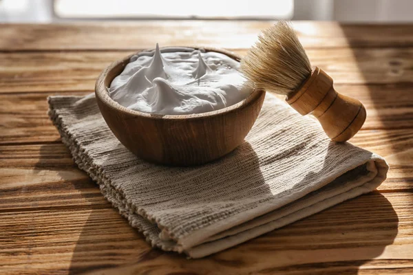Bowl Shaving Foam Brush Wooden Table — Stock Photo, Image