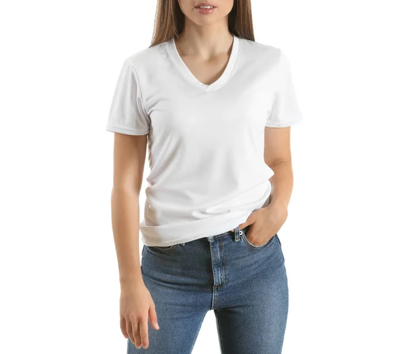 Mujer Joven Elegante Camiseta Sobre Fondo Blanco —  Fotos de Stock