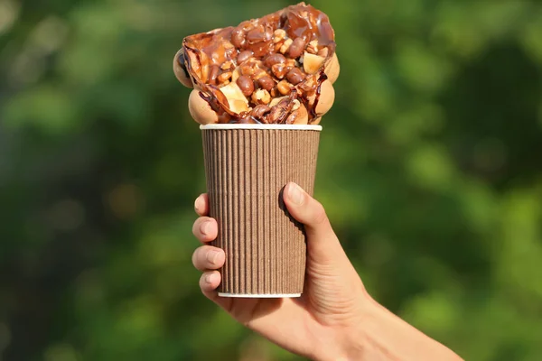 Woman Holding Cup Delicious Sweet Bubble Waffle Outdoors — Stock Photo, Image