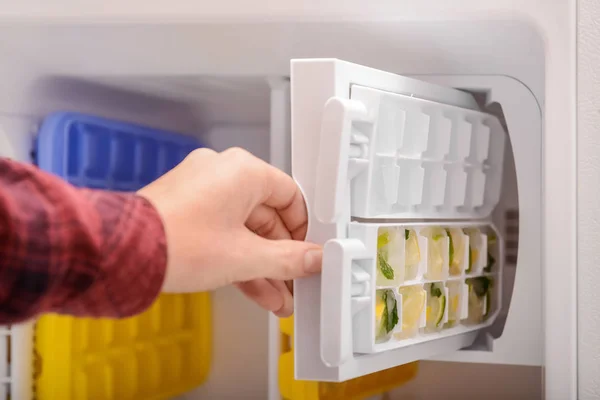 Frau Legt Tablett Mit Zitrusfrüchten Eingefroren Eiswürfel Kühlschrank — Stockfoto