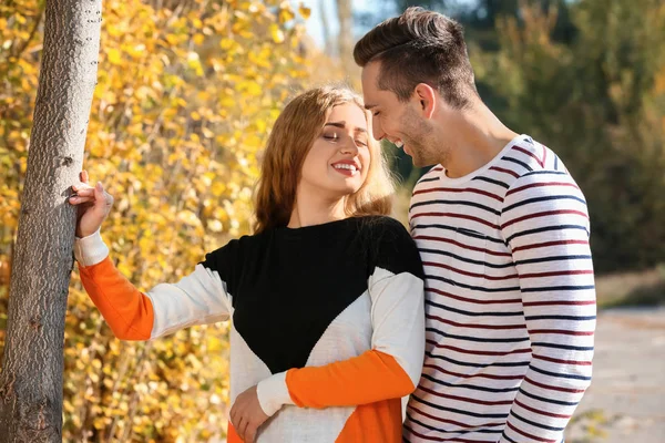 Liefdevolle Jong Koppel Herfst Park — Stockfoto