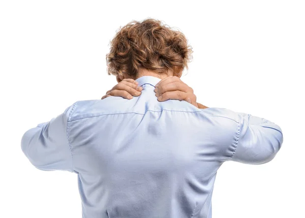 Young Man Suffering Neck Pain White Background — Stock Photo, Image