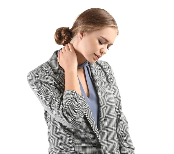 Young Woman Suffering Neck Pain White Background — Stock Photo, Image