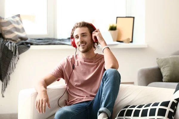 Young Man Listening Music Home — Stock Photo, Image