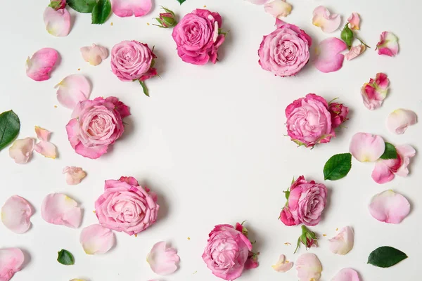 Mooi Frame Gemaakt Van Roze Rozen Witte Achtergrond — Stockfoto