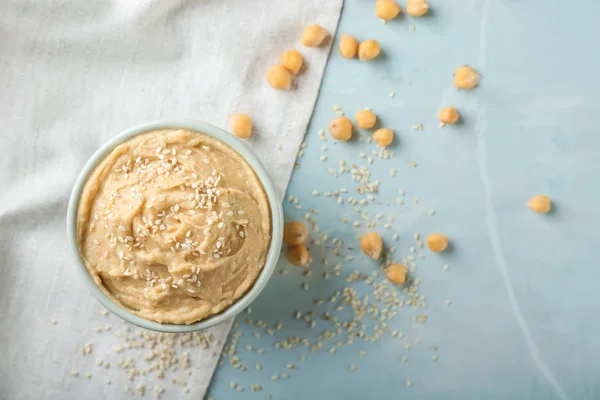 Cuenco Con Hummus Sésamo Mesa — Foto de Stock