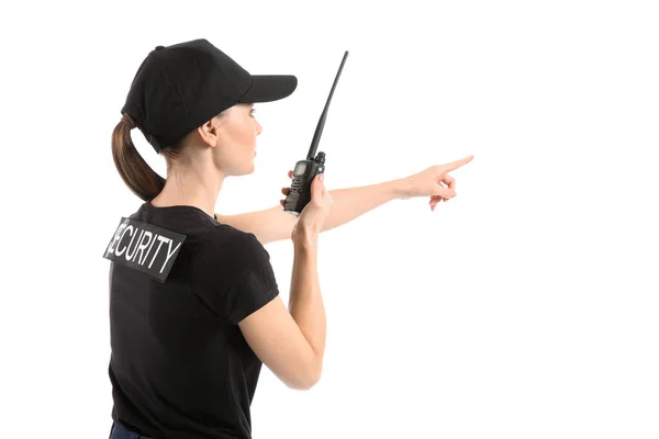 Female Security Guard Portable Radio Transmitter White Background — Stock Photo, Image