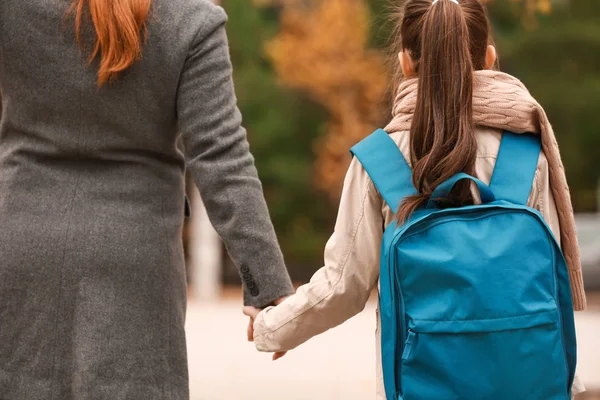 Cute Girl Going School Her Mother Outdoors — Stock Photo, Image