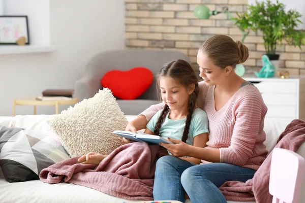 Cute Girl Mother Reading Book Home — Stock Photo, Image