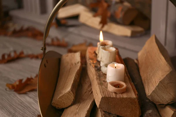 Firewood Candles Floor Room — Stock Photo, Image