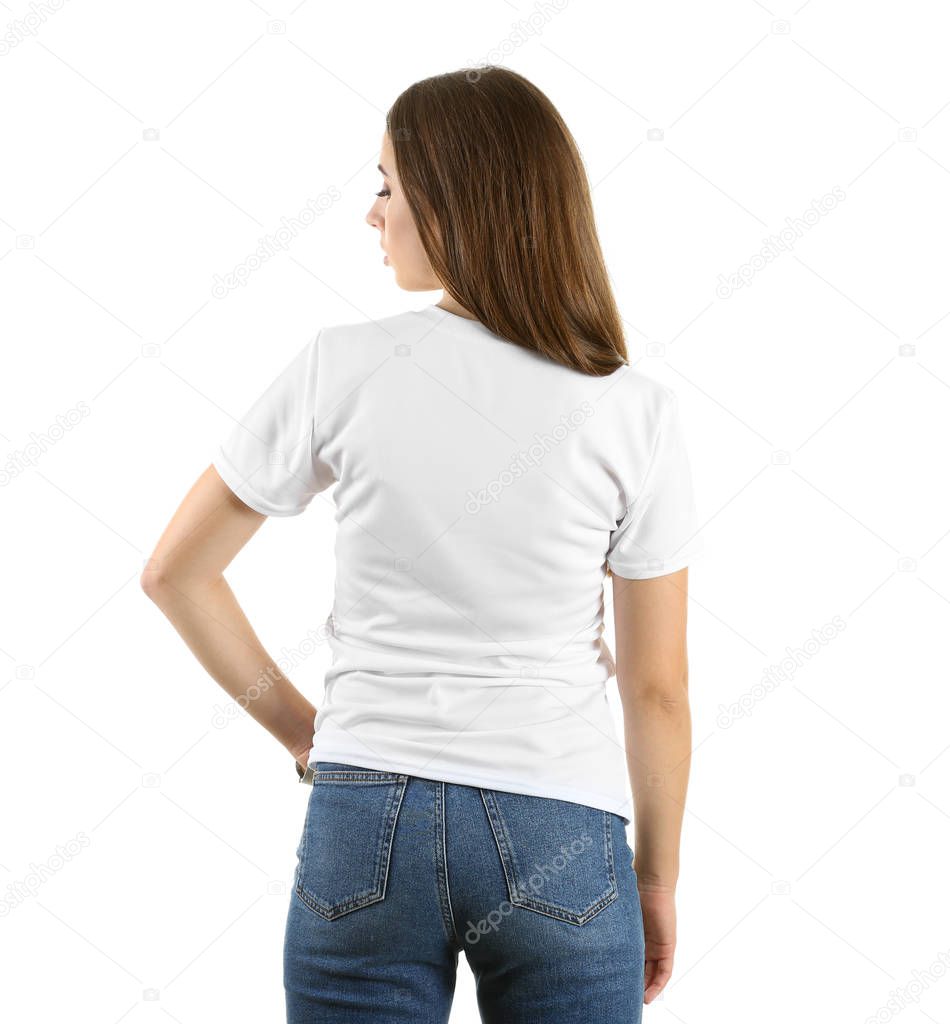 Young woman in stylish t-shirt on white background, back view