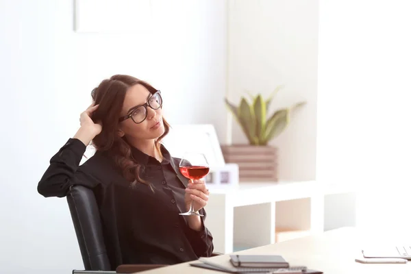 Beautiful Young Woman Drinking Wine Office — Stock Photo, Image