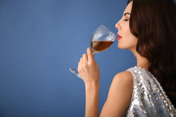 Beautiful Young Woman Glass Wine Color Background — Stock Photo, Image