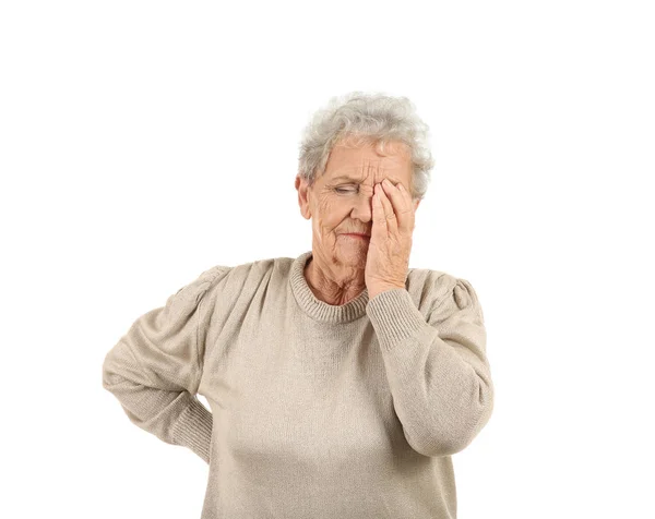 Senior Vrouw Lijden Aan Hoofdpijn Witte Achtergrond — Stockfoto