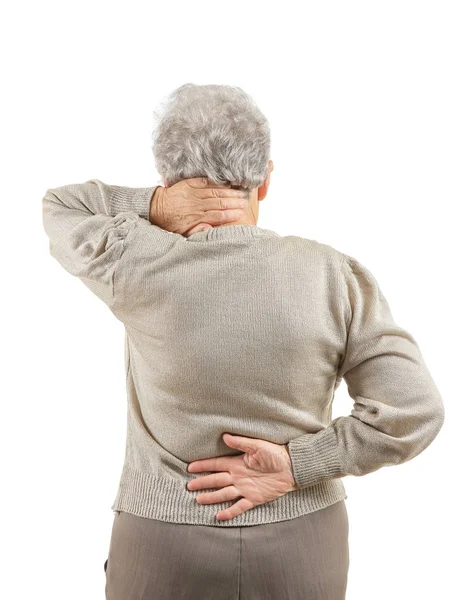Seniorin Leidet Unter Rückenschmerzen Auf Weißem Hintergrund — Stockfoto