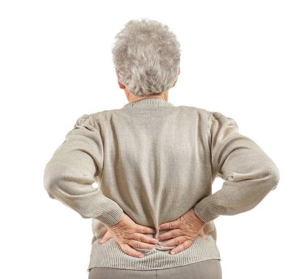 Senior Kobiety Cierpiące Ból Pleców Białym Tle — Zdjęcie stockowe