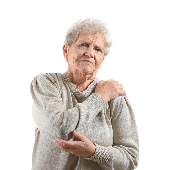 Senior Woman Suffering Pain Shoulder White Background — Stock Photo, Image