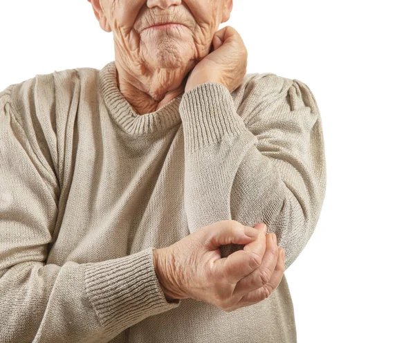 Senior Woman Suffering Pain Elbow White Background — Stock Photo, Image